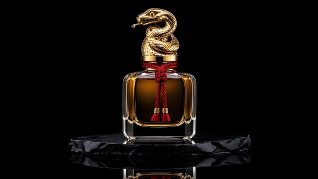Luxurious perfume bottle with golden snake cap and red tassel on black reflective background for premium fragrance branding
