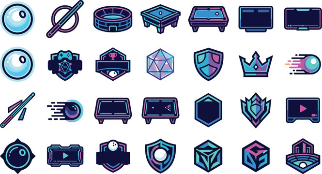 Gaming UI icons collection, futuristic HUD elements, esports badges, sci fi interface, and neon vector illustration set