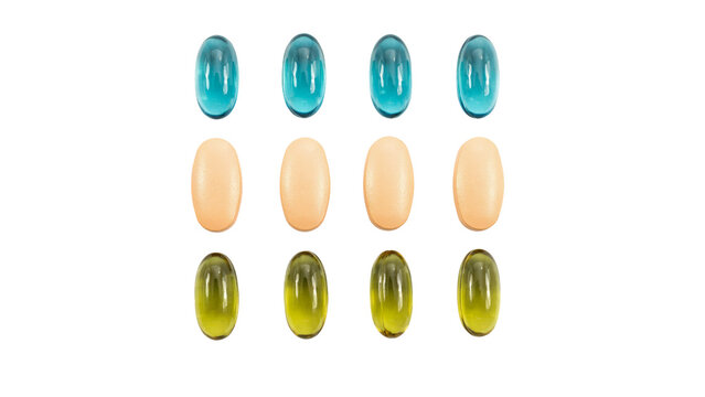 Twelve colorful medical pills arranged in a neat grid pattern featuring blue clear capsules and orange solid tablets and green soft gels on transparent background