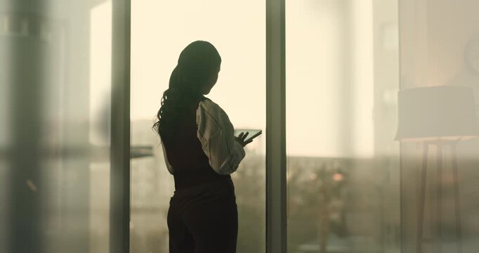Thinking, woman and lawyer in office with tablet, research and online evidence for court case. Problem solving, person and attorney at law firm with digital, planning or legal records for proceedings
