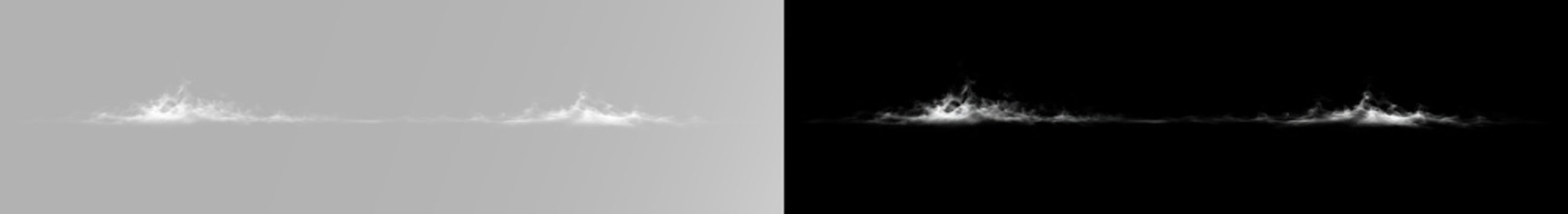 Realistic white smoke wave with gray mist, soft flowing smoke trail, thin fog, drifting vapor and subtle horizontal smoky line effect
