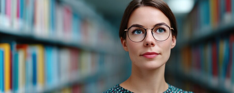 Young woman wearing glasses standing in library with blurred bookshelves for academic education and intellectual study concepts