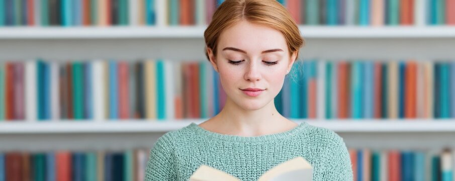 Young woman reading book in library with blurred bookshelves for academic research and education concepts