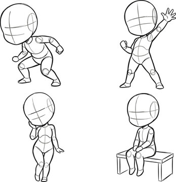  Chibi character drawing base reference sheet with anime body guide poses hand drawn vector line art template