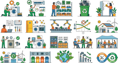 Fototapeta premium Home appliance repair, recycling, renewable energy, and sustainable manufacturing process collection with technicians and eco industry vector illustrations