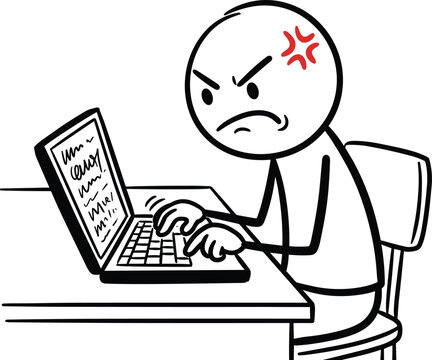 Angry stick figure man working on laptop computer at desk minimalist line art vector sketch illustration for presentation