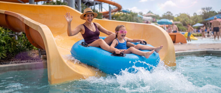 Mother and daughter on water slide enjoying a thrilling ride inside a blue inflatable raft at an outdoor resort pool, splashing into clear water for summer vacation advertising