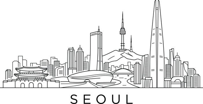 Seoul skyline vector line art illustration featuring Gwanghwamun N Seoul Tower Lotte World Tower and DDP