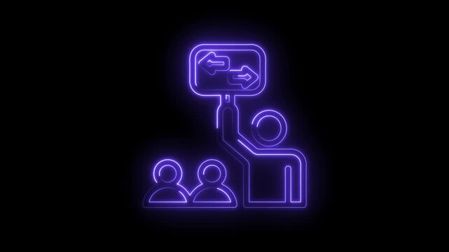 Neon glowing icon representing a person holding a sign with left and right arrows directing two