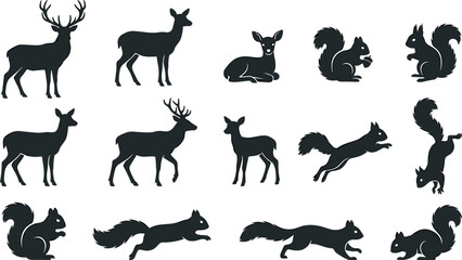 Fototapeta premium Woodland Wildlife Black Silhouette Set with Stags Grazing Fawns and Active Squirrels in Various Running and Jumping Poses for Forest Nature Branding Designs