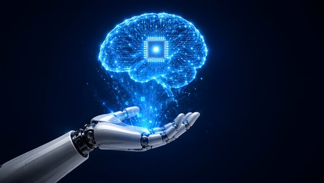 Artificial intelligence brain concept floating above robotic hand with microchip processor for machine learning and futuristic cybernetics.