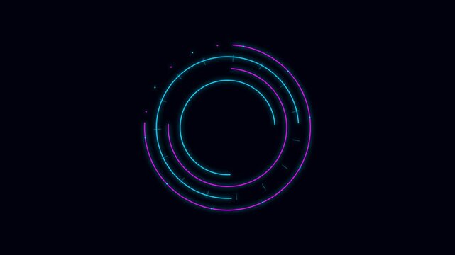 Abstract glowing neon circle loading icon with thin lines in blue and purple colors on a dark background