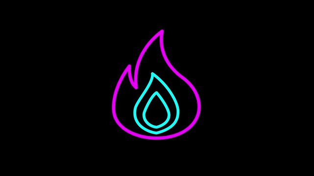 Neon Fire Flame Icon with Glowing Hot Blaze Effect, Fiery Energy Symbol, Burning Heat and Popular Trending Concept, Retro Style Animation