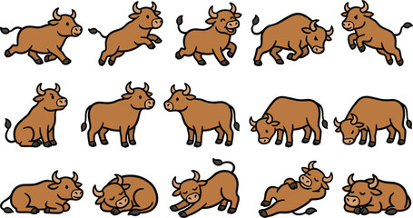 Obraz premium Cute Cartoon Bull Mascot Set with Brown Calves Running Jumping Grazing and Sleeping in Various Poses for Children Graphic Designs