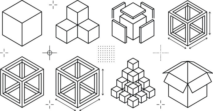 Geometric isometric cube elements and block structure line icon set featuring 3d wireframe boxes packaging and stack pyramids