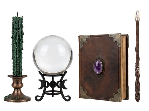 Occult items including crystal ball, spell book, green candle and magic wand