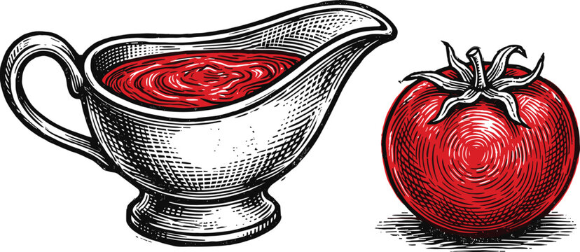 Fresh tomato sauce in vintage gravy boat with ripe whole vegetable hand drawn engraved sketch vector illustration for culinary design