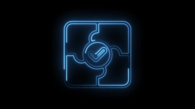 Blue neon jigsaw puzzle pieces assembling with checkmark inside completed circle abstract icon
