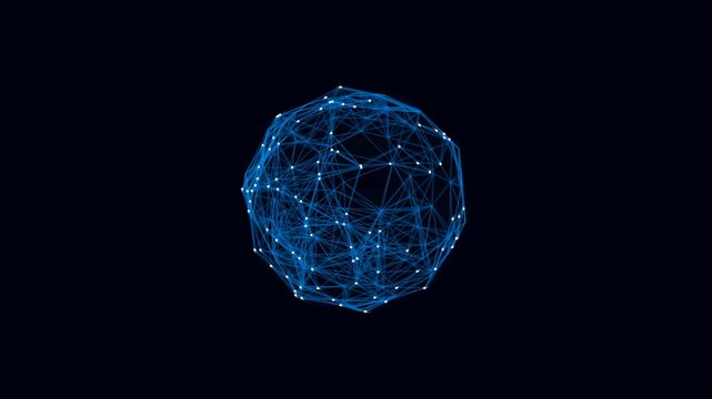 Abstract blue digital sphere made of glowing dots and connecting lines representing a global network connection on a dark background