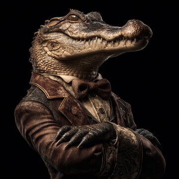 Elegant Crocodile Anthropomorphized as Businessman with Bowtie and Suit Fashion Style