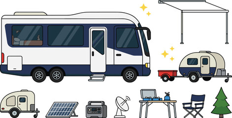 Naklejka premium Modern RV Motorhome and Camping Trailer Vector Set Featuring Teardrop Caravan, Solar Panel, Portable Power Station, Satellite Dish, and Outdoor Camping Furniture