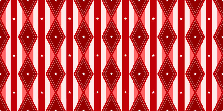 Diamond red circus and vintage star pattern with geometry baby retro. Seamless bg pastel and ornament vector background with backdrop tablecloth textile. Design modern argyle and check.