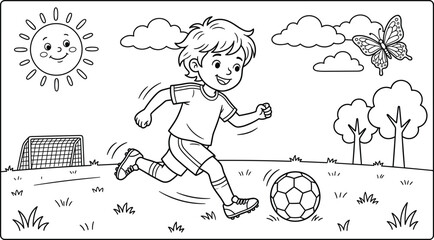 Cute little boy playing soccer on grass field kids coloring book page cartoon line art vector illustration