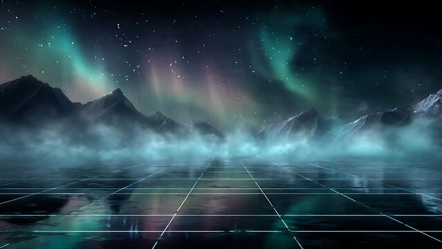 Snowy mountains with aurora borealis in night sky over reflective cyber grid floor landscape