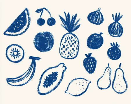 Hand drawn fruit doodle set, blue crayon sketch illustration of fresh organic fruits