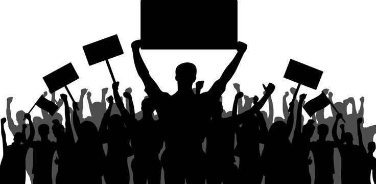 Crowd People Silhouette Demonstration Protest Gathering with Raised Hands Public Event Community Illustration