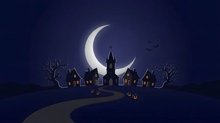 Fototapeta premium Halloween night background with spooky village, church, crescent moon and jack-o-lanterns vector illustration
