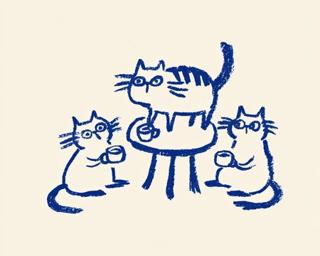 Cute hand drawn illustration of three cats sitting around a small table drinking coffee in blue crayon style