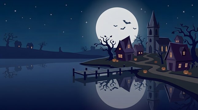 Halloween night landscape with spooky village by the lake, full moon, wooden dock, jack-o-lanterns and water reflection vector illustration