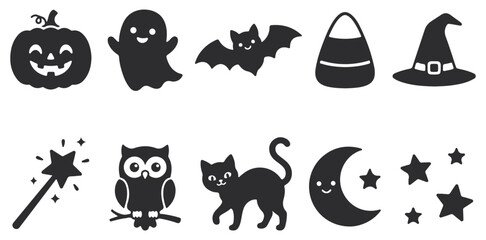 Obraz premium Set of cute halloween icons including pumpkin, ghost, bat, candy corn, witch hat, wand, owl, cat, moon and stars