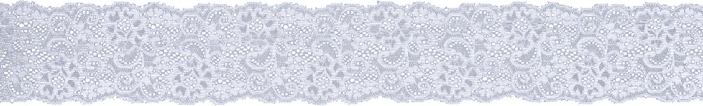 White intricate lace ribbon trim pattern isolated on transparent background