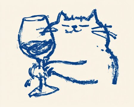 Whimsical handdrawn sketch of a happy cat holding a glass of red wine, blue crayon style drawing on offwhite background