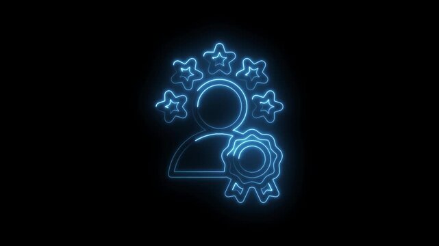 Glowing neon blue icon representing a person with stars and a medal signifying achievement