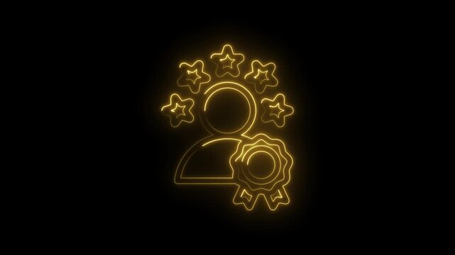 Glowing neon outline of a person icon surrounded by stars and a medal symbolizing achievement