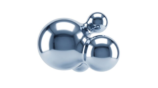 Metallic liquid spheres on white background. Abstract chrome metaballs with reflective surface. Shiny silver mercury droplets for tech design.