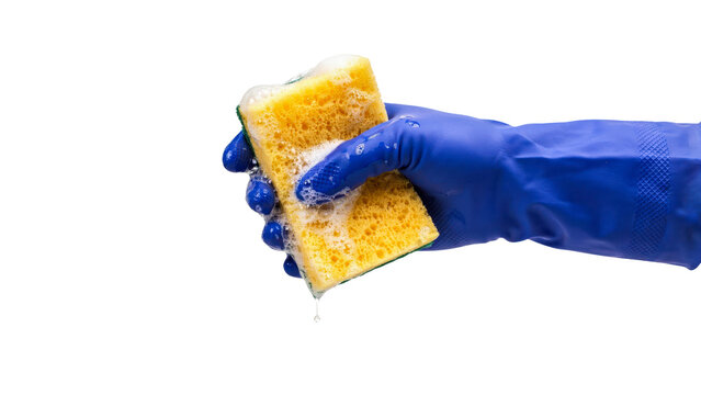 A person wearing a blue rubber cleaning glove holds a soapy yellow kitchen sponge dripping with bubbles and water while performing household chores on transparent background