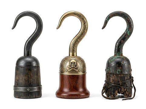 Three vintage pirate hand hooks isolated on white background