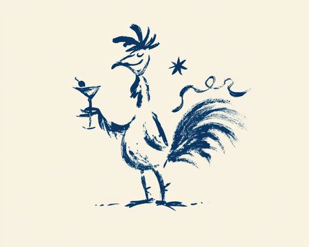 Whimsical handdrawn illustration of a rooster holding a martini glass, funny bird character sketch in blue ink, creative party animal concept