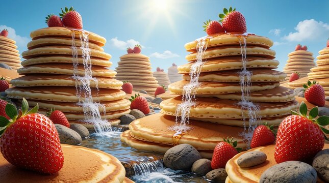 Surreal landscape features pancake mountains topped with strawberries and syrup waterfalls. Giant fruit adorns this dreamlike food scenery under a bright blue sunny sky.