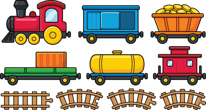Toy Train and Freight Railroad Vector Set Featuring Steam Locomotive Engine Boxcar Coal Wagon Container Flatcar Tanker Caboose and Tracks