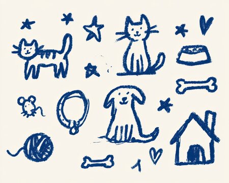 Set of handdrawn petthemed doodles featuring cats, a dog, a mouse, a collar, a ball of yarn, a food bowl, a bone, a doghouse, and stars