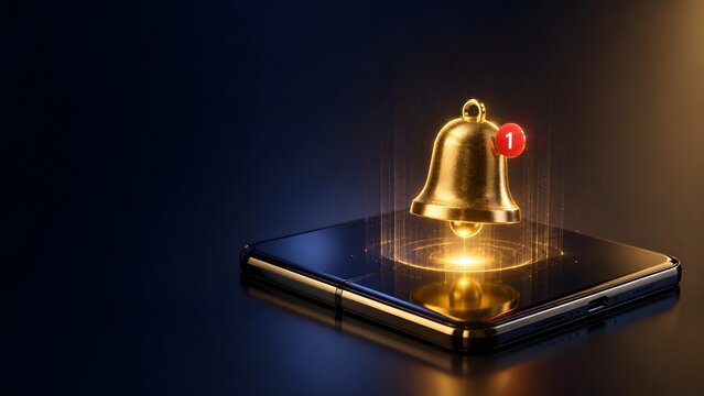 Digital marketing push notification alert with glowing golden bell on smartphone for social media engagement and business communication.