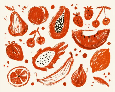 Set of handdrawn fruit illustrations featuring pear, peach, papaya, strawberry, cherry, watermelon slice, dragon fruit, banana, orange slice, fig, and lemon