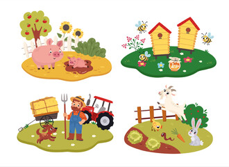 Fototapeta premium Cute Farm Landscape Cartoon Vector Scene Collection with Pond, Duck, Cow and Pig