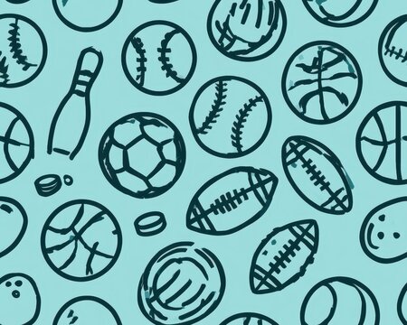 Seamless pattern of various handdrawn sports balls and equipment on a light blue background