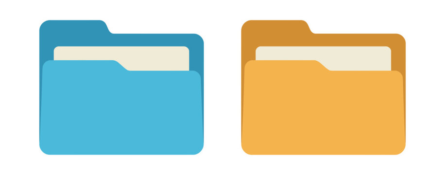 Folder Icon set, open and closed folders, document storage, file organization, and data management symbols in flat vector illustration.